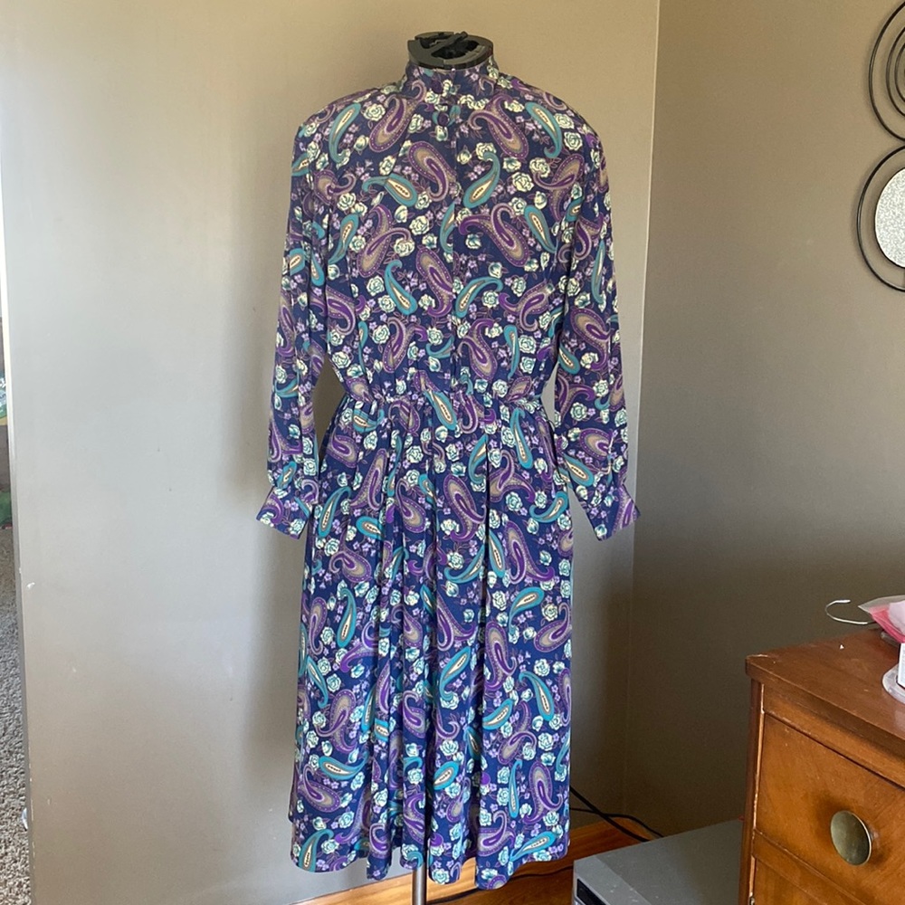 Vintage Talbots Purple and Blue Paisley Printed Long Sleeve Dress (Size 6P)